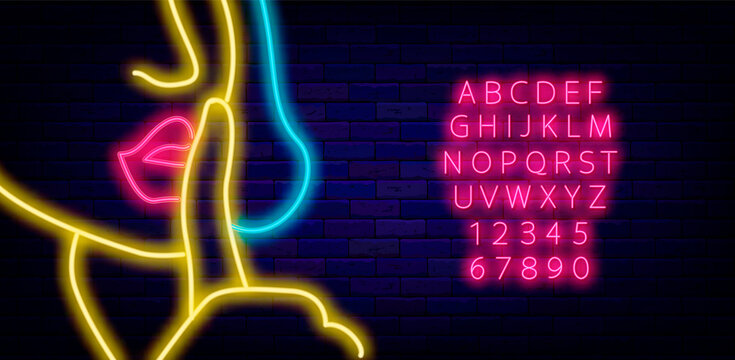 Pop art banner for advertising. Woman shh concept. Luminous label. Shiny pink alphabet. Vector illustration
