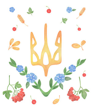 Floral aquarelle arrangement with Ukrainian symbol in the center. Flowers and viburnum.