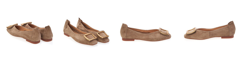 Collage set stylish elegant trendy designer fashionable summer spring 2022 eco leather women's loafers shoes isolated