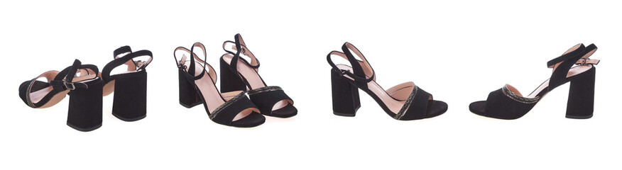 Collage set stylish elegant trendy designer fashionable summer spring 2022 eco leather women's heeled sandals shoes isolated