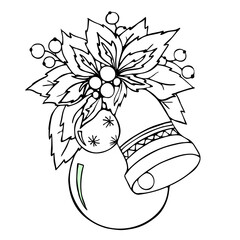 black and white graphic isolated element, christmas design bell and balls holly leaves and berries, family coloring, outline drawing