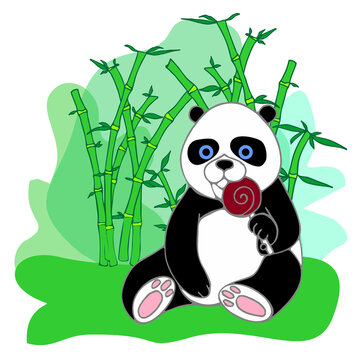 A playful panda, happily munching on bamboo, in a cute and cheerful art  style, with a moderate level of detail. sticker, joyful, vibrant colors,  cartoonish style, vector, contour, white background