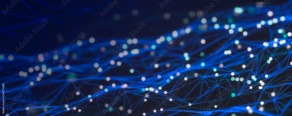Poster abstract futuristic connecting dots and lines on dark blue background. digital technology concept. b