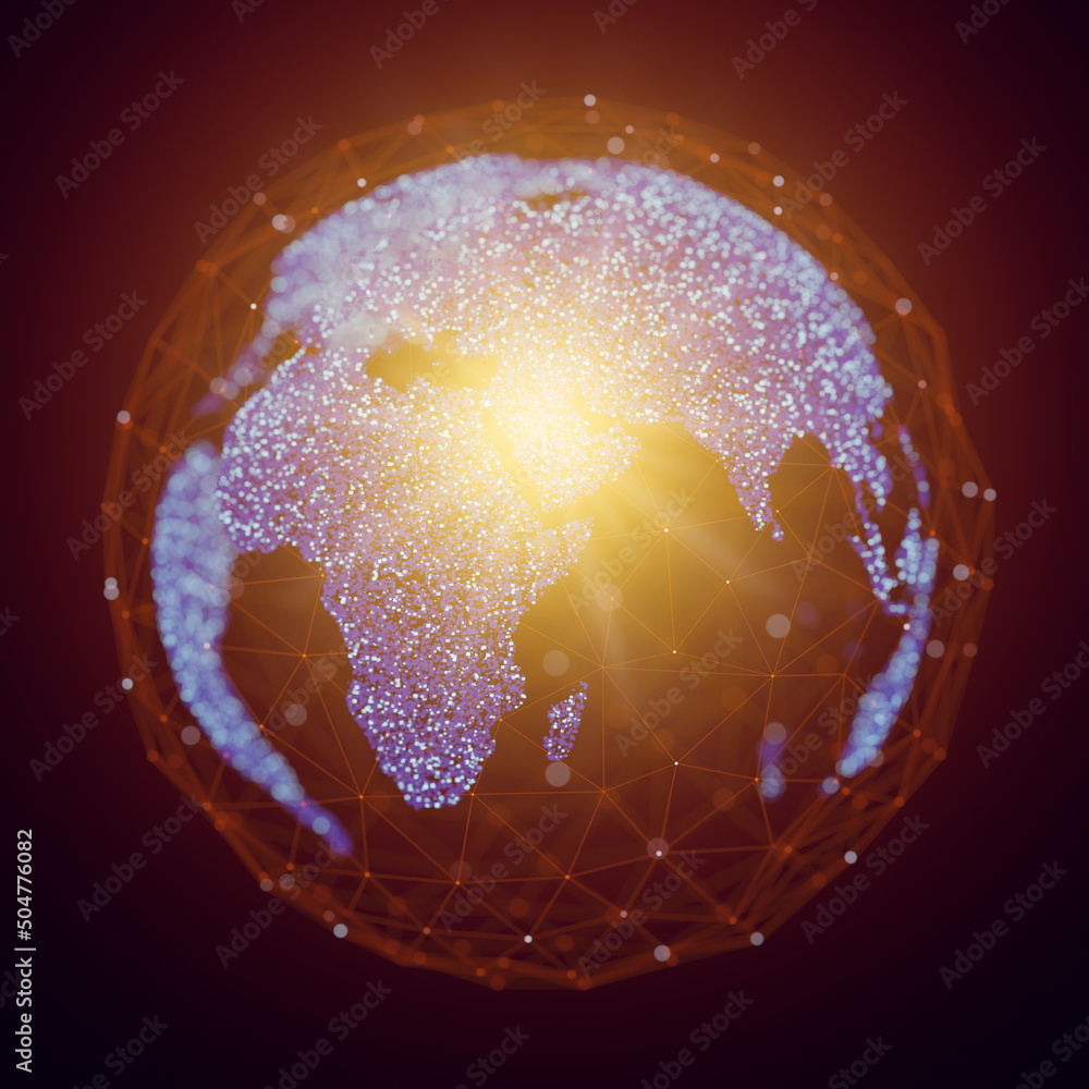 Poster connection lines around dotted earth globe with sunlight. globe technology. visualization of big dat