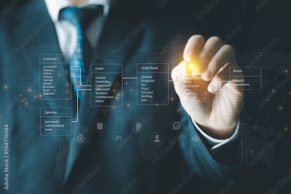 Poster system analyst or businessman drawing relational database tables. concept of database diagram design