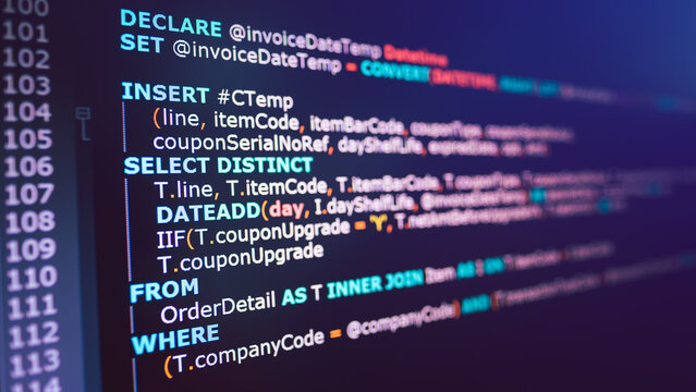 SQL (Structured Query Language) code on computer monitor. Example of SQL code to query data from a database.