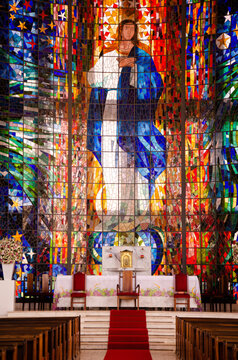 Catholic church stained glass with image of Jesus