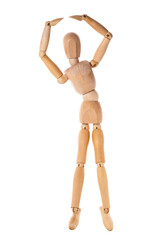 wooden man stands holding his hands above his head isolated on white background
