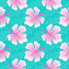 Pink Hibiscus flower, Hawaii, vector seamless pattern in the style of doodles, hand-drawn