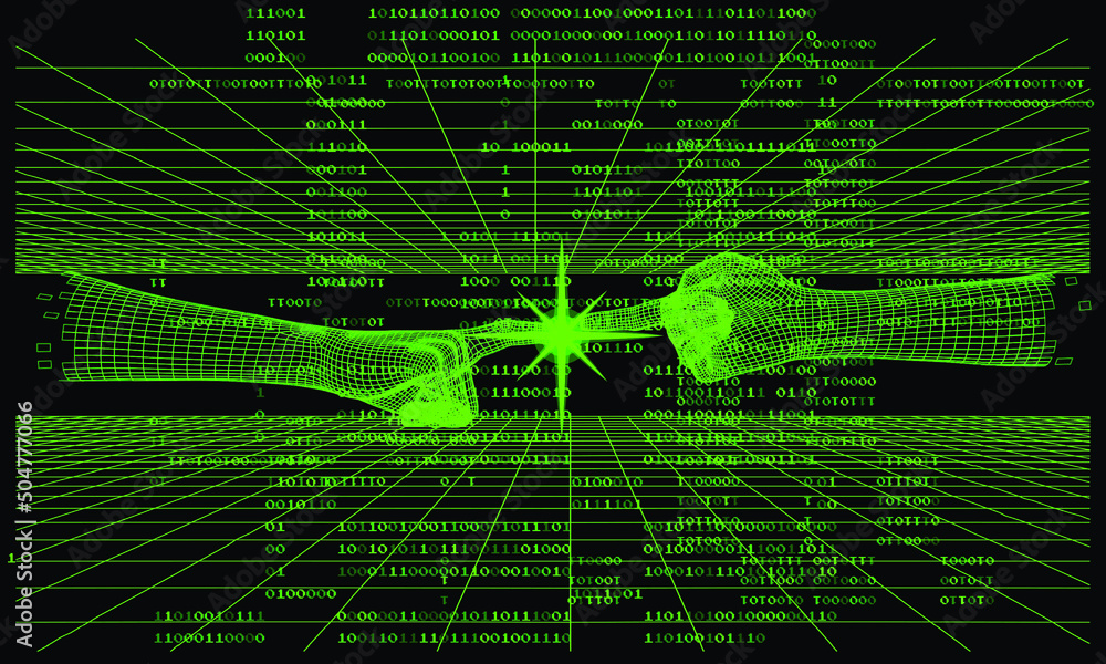 Leinwandbilder 3d laser perspective grid and two low-poly hands going to touch together.synthwave the 80's like sty