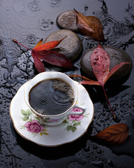 Coffee in Porcelain Cup in the Rain with Leaves and Stones (overhead splash shot)