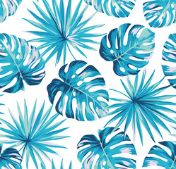 Fototapeta na wymiar Hawaiian seamless pattern with exotic palm leaves. Tropical plants in realistic style. Foliage design. Vector botanical illustration on a white background.