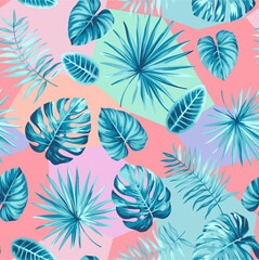 Fototapeta premium Hawaiian seamless pattern with exotic palm leaves. Tropical plants in realistic style. Foliage design. Vector botanical illustration.