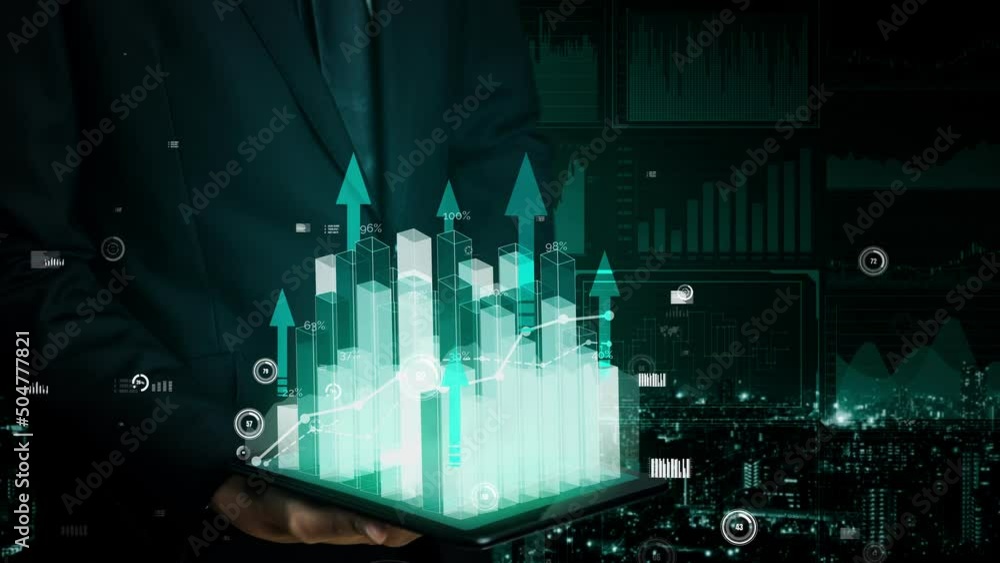 Poster double exposure image of business and finance conceptual - businessman with report chart up forward 