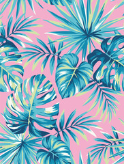 Fototapeta na wymiar Hawaiian seamless pattern with exotic palm leaves. Tropical plants in realistic style. Foliage design. Vector botanical illustration on a pink background.