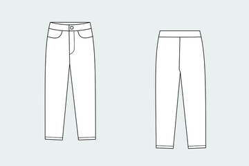 Woman trousers and jeans vector template isolated on a grey background. Front and back view. Outline fashion technical sketch of clothes model.