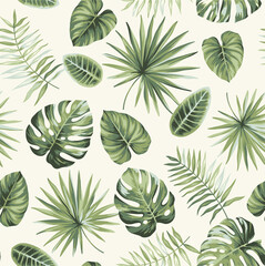 Naklejka premium Hawaiian seamless pattern with exotic palm leaves. Tropical plants in realistic style. Foliage design. Vector botanical illustration on a white background.