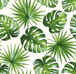 Küchenrückwand glas motiv Monstera Hawaiian seamless pattern with exotic palm leaves. Tropical plants in realistic style. Foliage design. Vector botanical illustration on a white background.