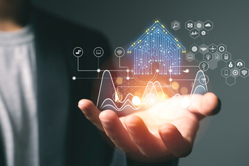 Circular futuristic interface of smart home automation assistant on a virtual screen and a user...