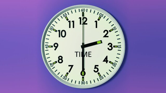 The minute hand of the clock face counts down the minutes frame by frame and moves the hour hand. A total of 12 hours and 720 minutes pass. Round clock face close-up on a colored background.