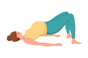 Vector illustration, pregnant woman doing yoga or gymnastics, Setu Bandha Sarvangasana pose