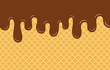 Chocolate ice cream flows down the yellow crispy waffle. Delicious dessert background. Flat vector illustration