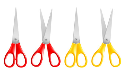 Set of red and yellow stationery scissors isolated on white background. Sharp scissors, open and closed. Vector illustration.