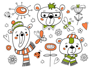 Funny animals. Summer drawing. Animals with flowers and insects.