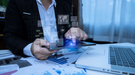 Business people hands working on network and digital finance marketing chart with future technology...