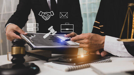 Concepts of Law and Legal services. Lawyer working with law interface icons.