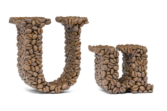Letter U from coffee bean isoilated on white. Coffee alphabet font.