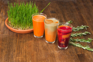 Various freshly squeezed vegetable juices with germinating wheat