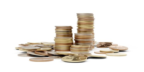 Stacks of coins with heap of coins scattered around over white background, money, finance or currency business concept