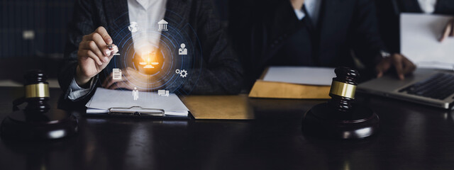 Concepts of Law and Legal services. Lawyer working with law interface icons.