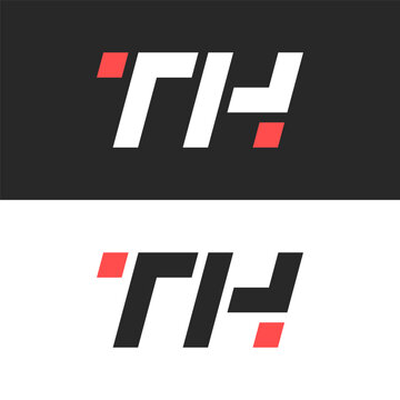 Initials TH or HT letters logo monogram italic font flat style, linked two black and white letters logotype T and H with red squares geometric shape.