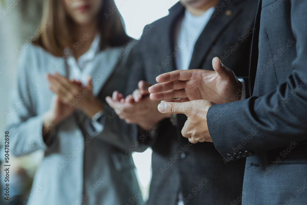 Poster selective focus hands of business team meeting and working together with customer connection in the 