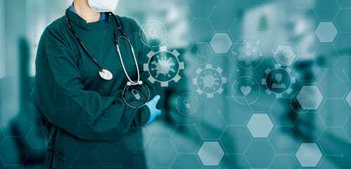 Medicine doctor using digital healthcare and network connection on hologram modern virtual screen...