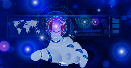 3D rendering of Robot hand touching on cloud technology digital graph interface, technology and network concept.