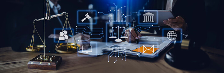 Concepts of Law and Legal services. Lawyer working with law interface icons.