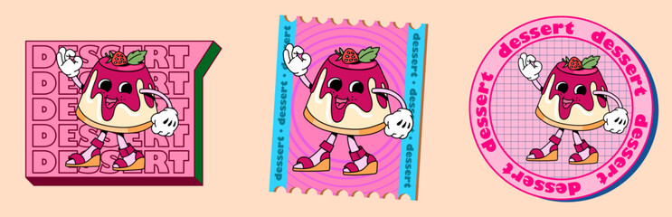 Set of stickers with flat panna cotta desserts and drinks with text and hipster textures. Suitable for banners, menus, or smm.