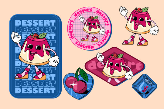 A set of stickers in the style of the 90s. Set of stickers with hand drawn panna cotta desserts and drinks with text and hipster textures. Suitable for restaurant menu banners or posters.