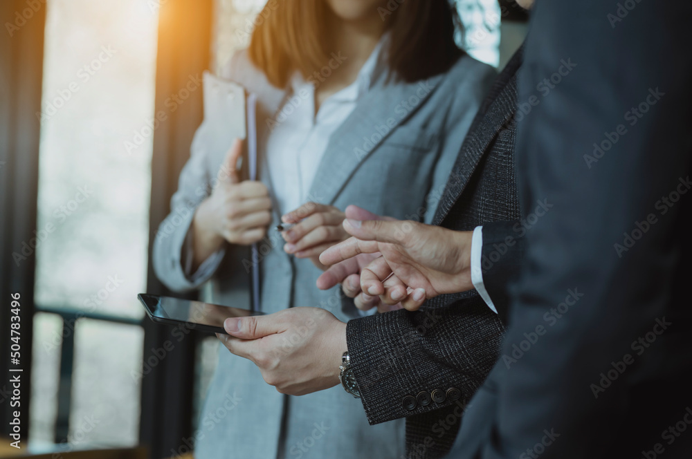 Poster selective focus hands of business team meeting and working together with customer connection in the 