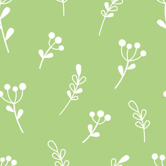 Plant pattern, minimalism concept. Seamless pattern. Cute background with twigs and leaves of different shapes on a green background. Vector illustration.