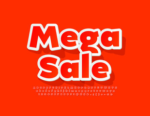 Vector advertising banner Mega Sale. Bright Sticker style Font. Red and White modern Alphabet Letters and Numbers. 