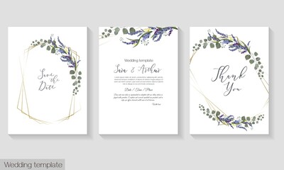 Fototapeta na wymiar Vector floral frame for wedding invitation. Delicate lavender, eucalyptus, golden frames