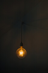 Hanging electric light bulb close-up in the dark.