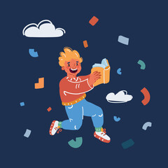 Cartoon vector illustration of cheerful mischievous schoolboy and book jumps. Go back to concept school.