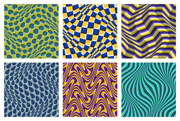 Optical illusion seamless patterns set of colored moving shapes. Psychedelic fabric swatches design.