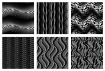 Vector embossed seamless patterns set. Optical art monochrome fabric swatches design.