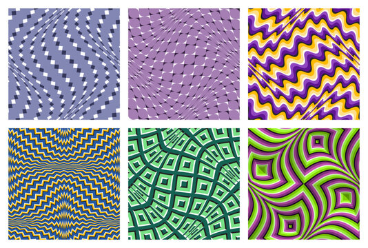 Colored optical illusion seamless patterns set. Moving fabric swatches design.